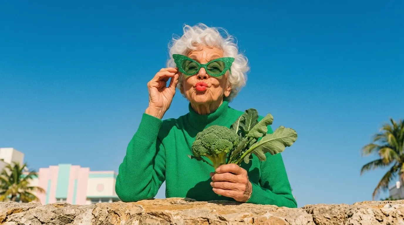 Señora mayor con gafas verdes de ojo de gato sosteniendo un brócoli, frente a un edificio art déco