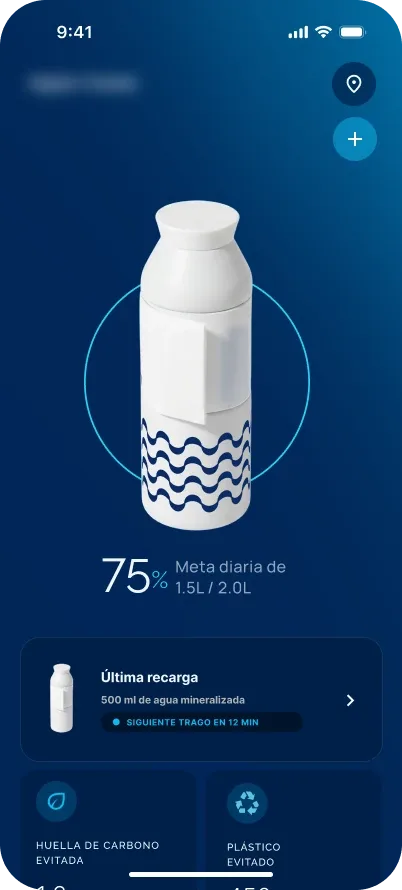 Pantalla principal de la app con la meta diaria y la última recarga