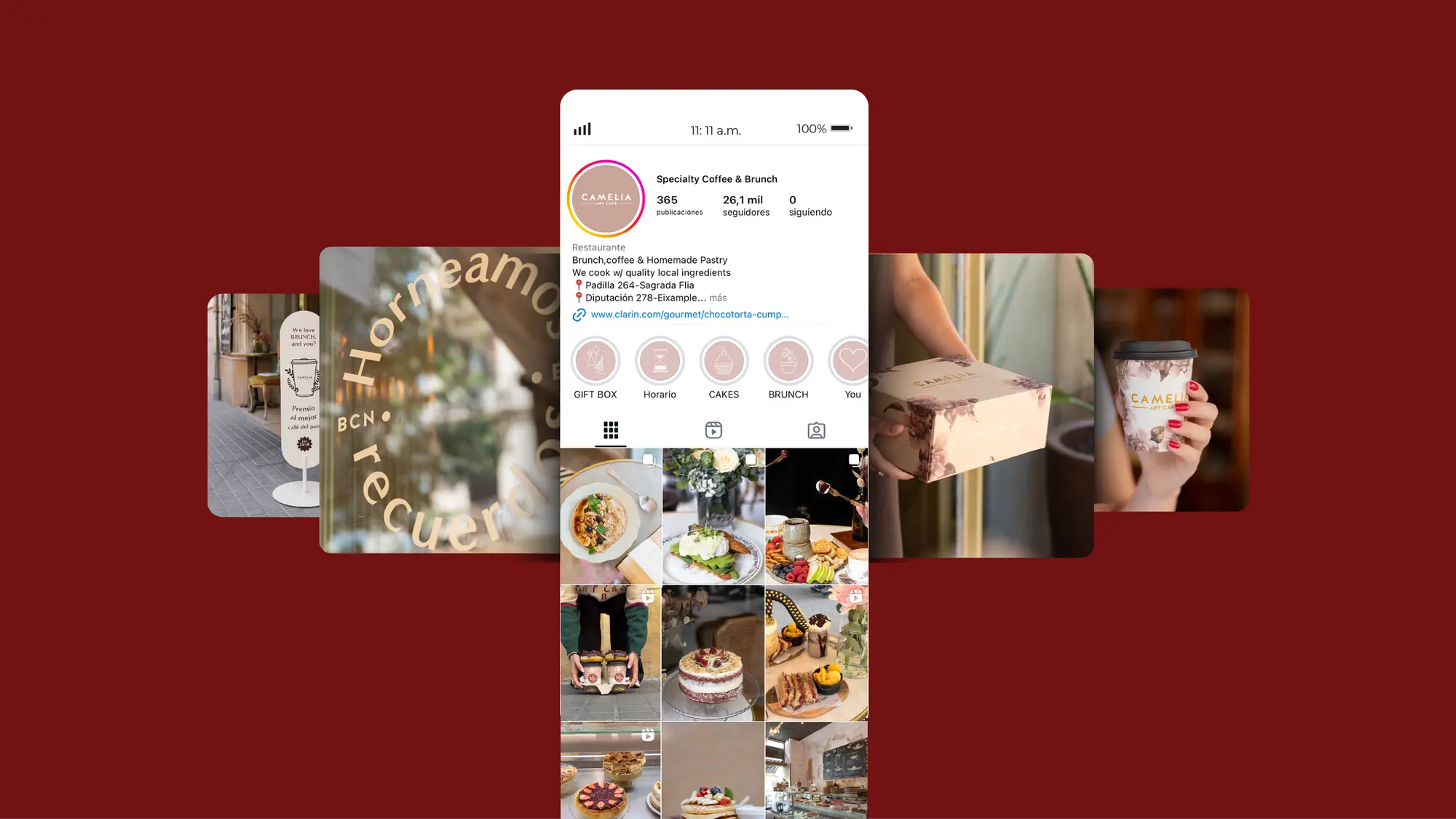 El feed de Instagram de Camelia sobre fondo rojo