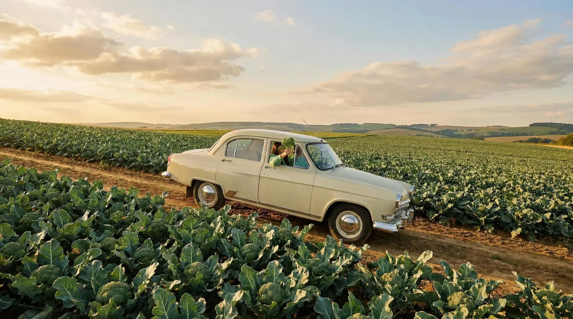 Coche clásico cruzando un campo de cultivo