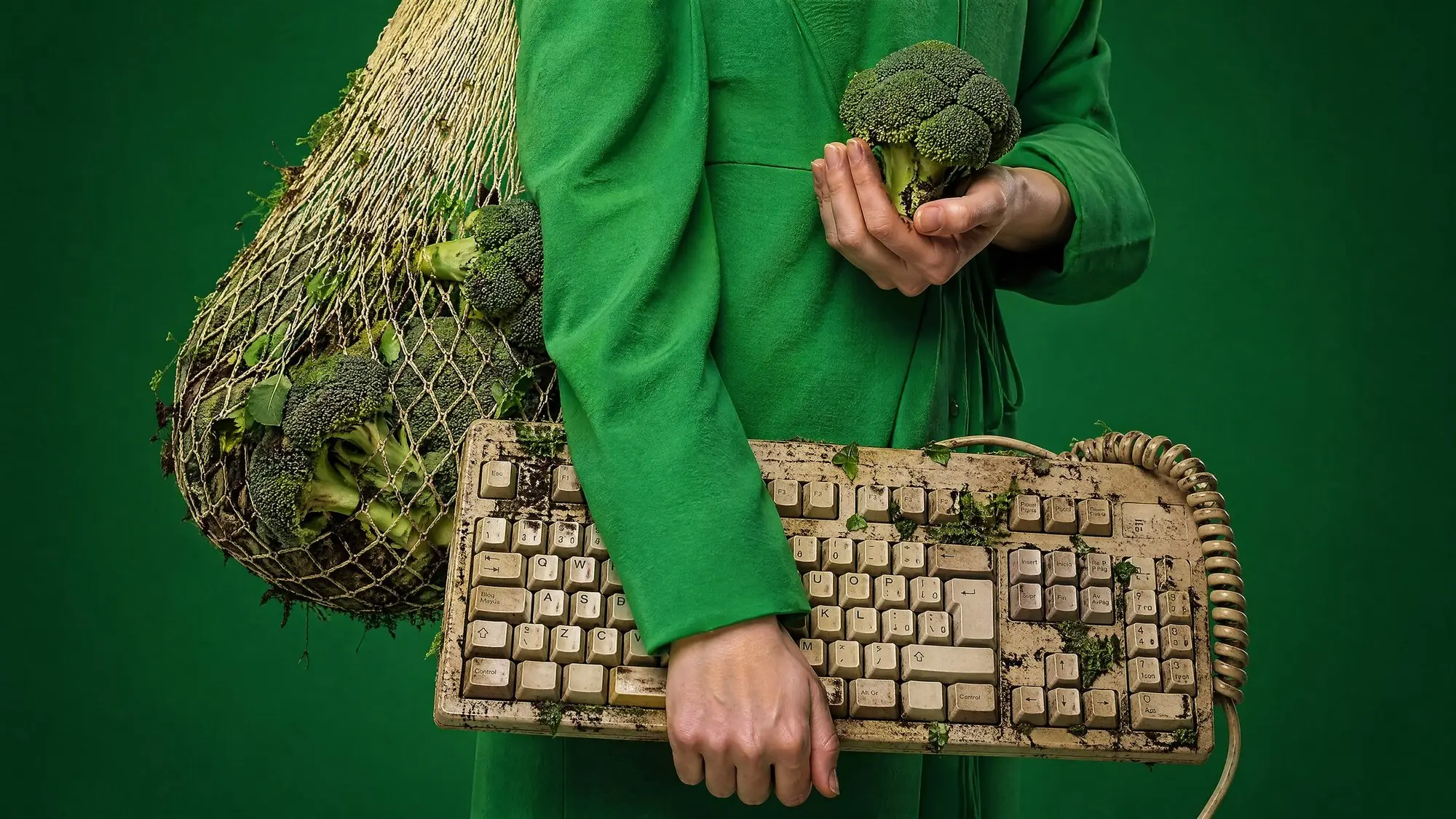 Bodegón de marca: una figura de verde con una red y un teclado llenos de brócoli