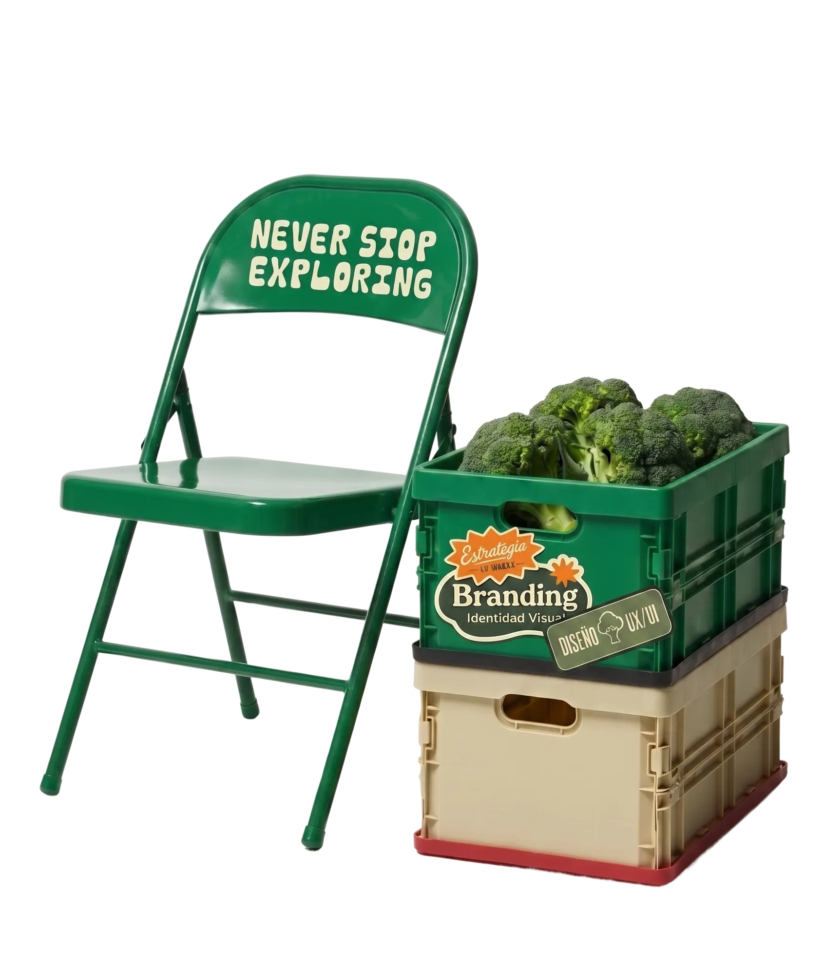 Silla de camping con una caja de brócolis