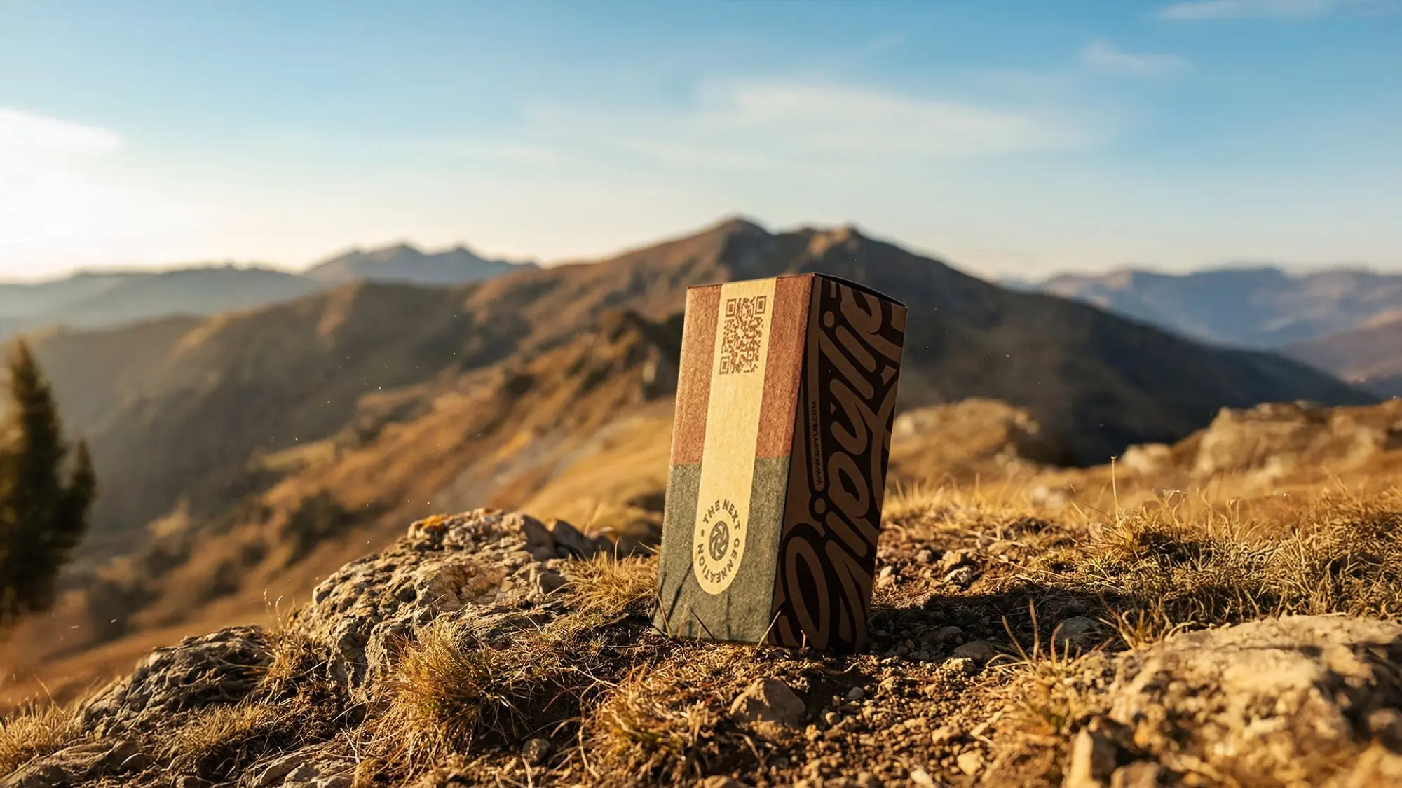 Packaging de Gipytip sobre una roca, con montañas al atardecer detrás