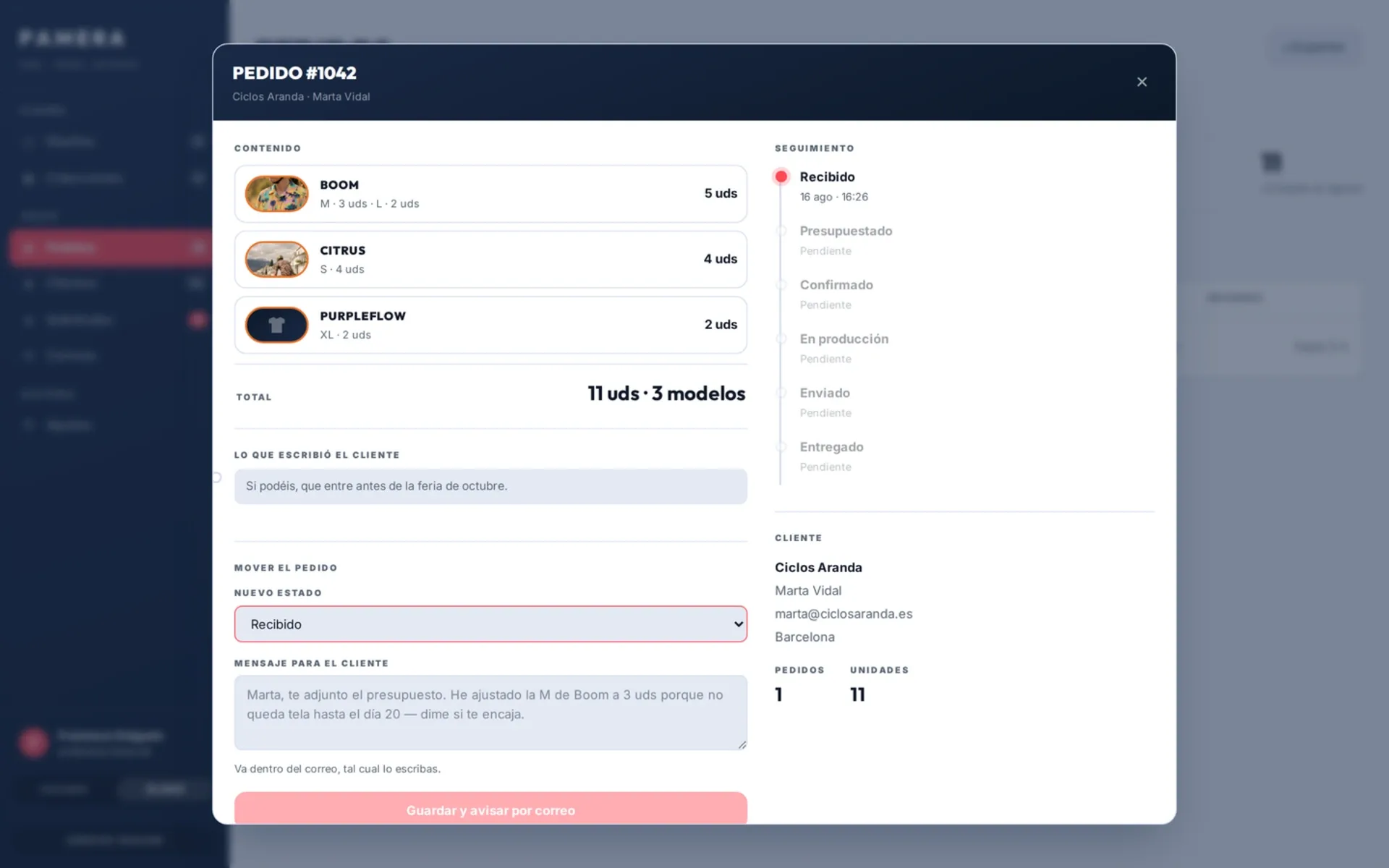 Ficha de un pedido con su contenido y su línea de seguimiento