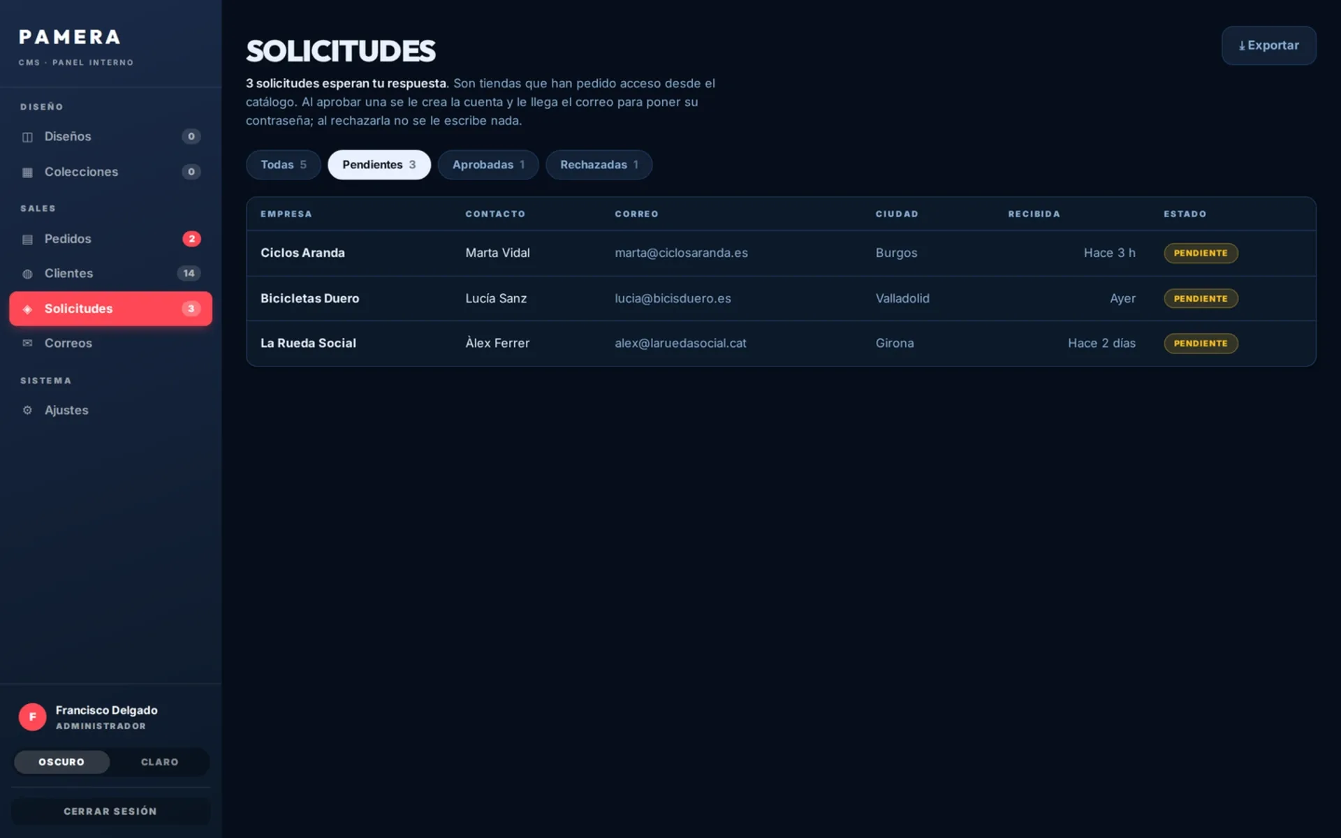 Bandeja de solicitudes de alta en el panel interno de Pamera