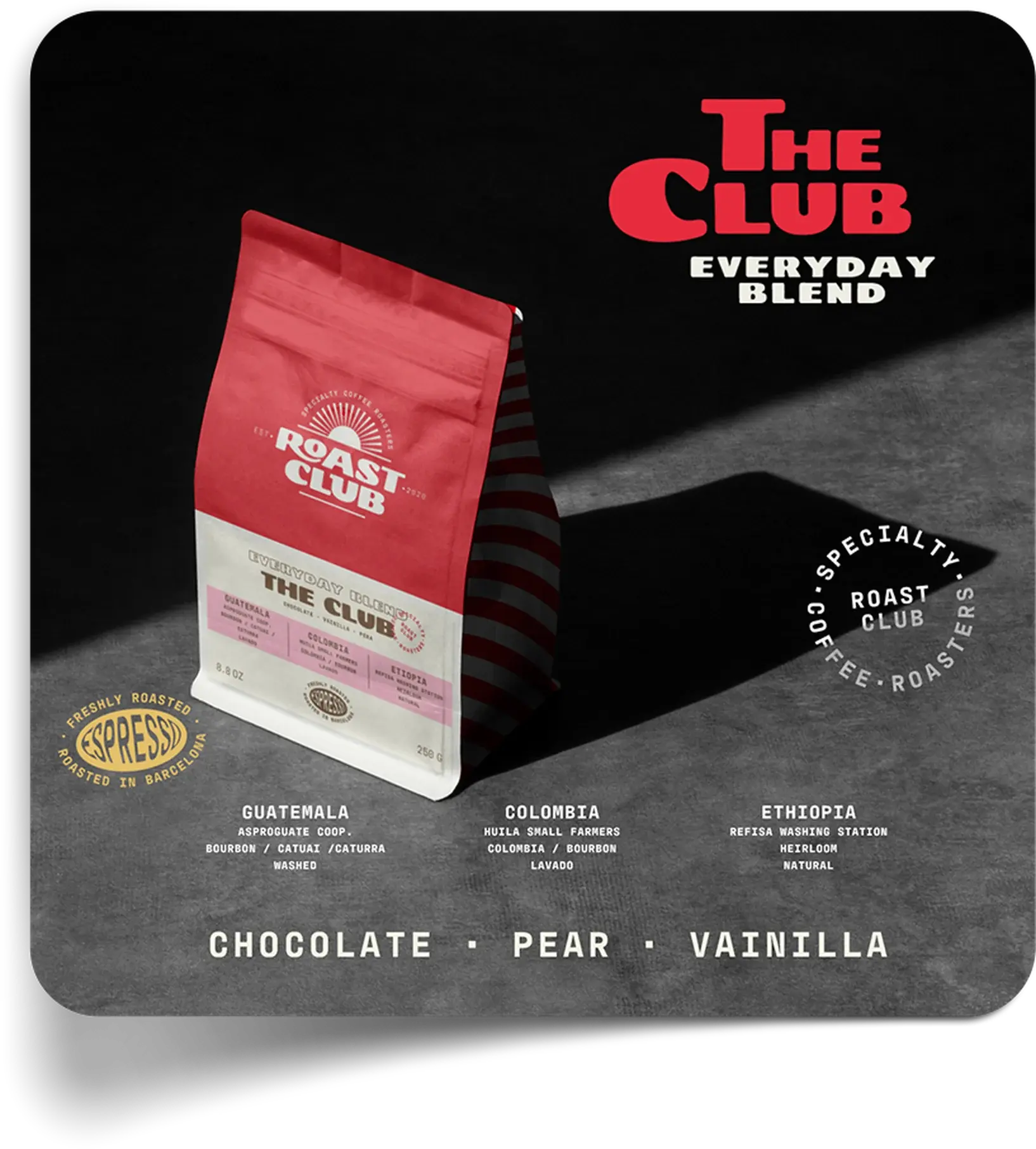 Cartel de THE CLUB Everyday Blend con la bolsa de café y sus tres orígenes
