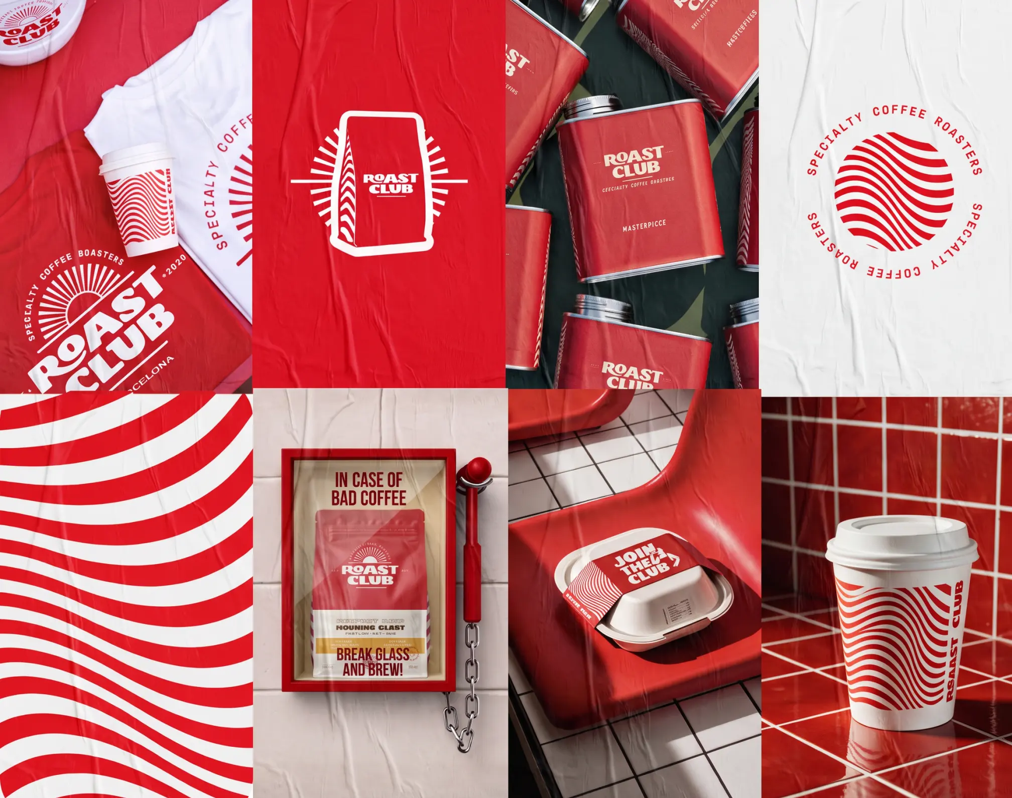 Tablero de identidad de Roast Club con el logotipo, la onda y el sello aplicados