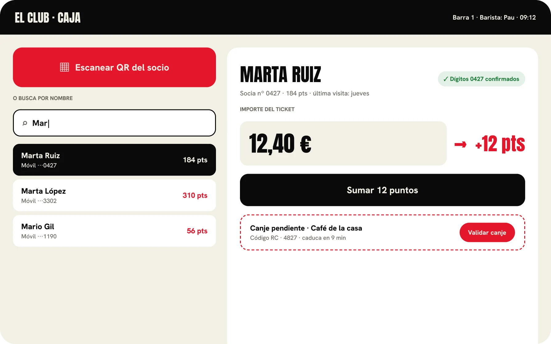 Vista del barista en la tablet de caja