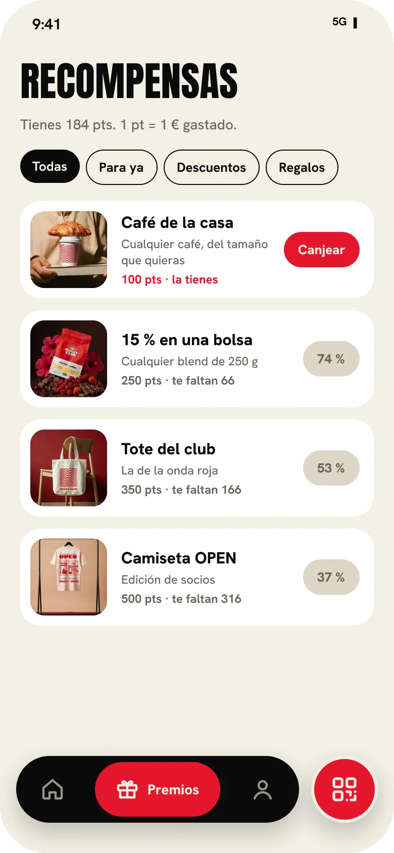 Lista de recompensas con sus puntos