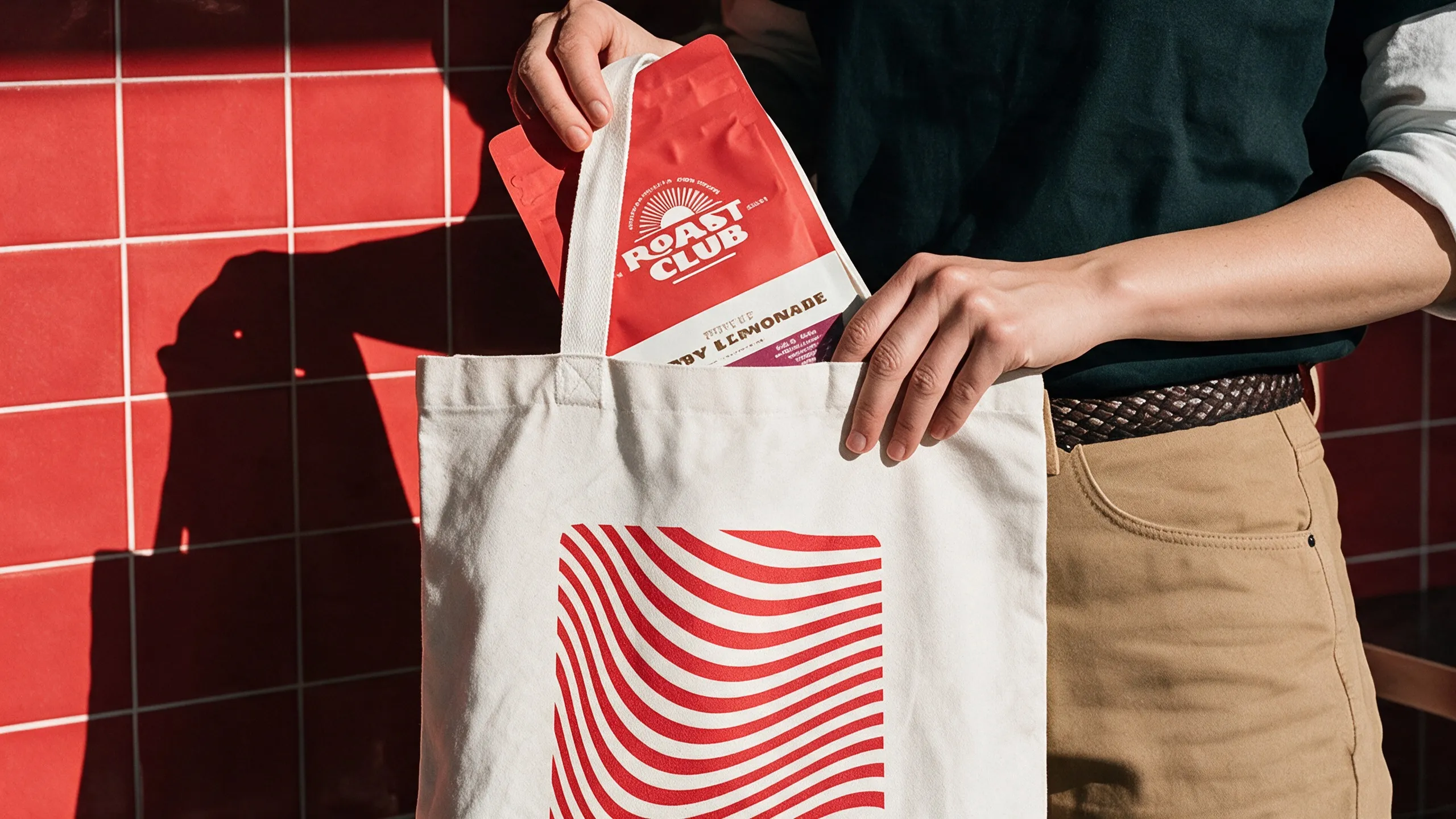 Mano guardando una bolsa de café Roast Club en una tote de la marca, sobre azulejo rojo