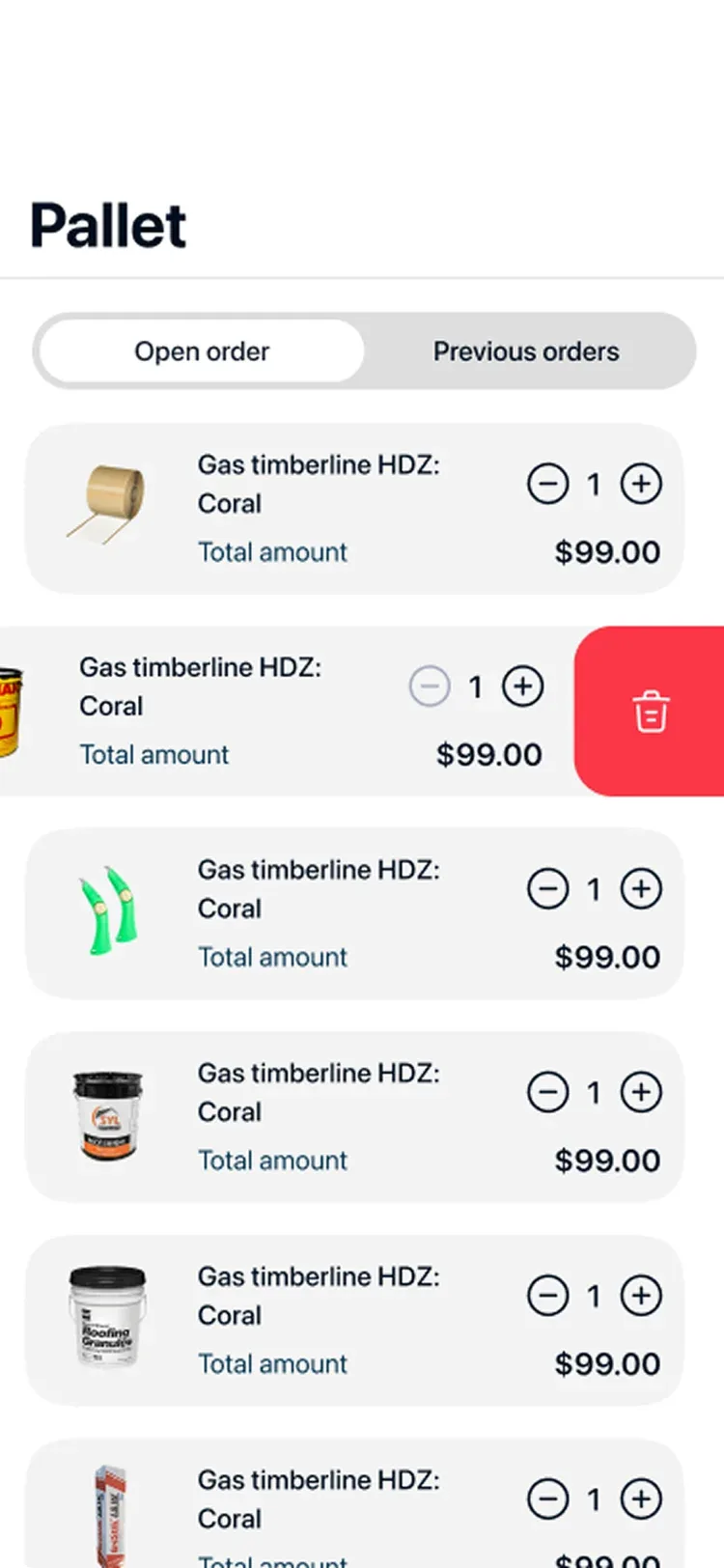 El palé de la app con los productos del pedido abierto