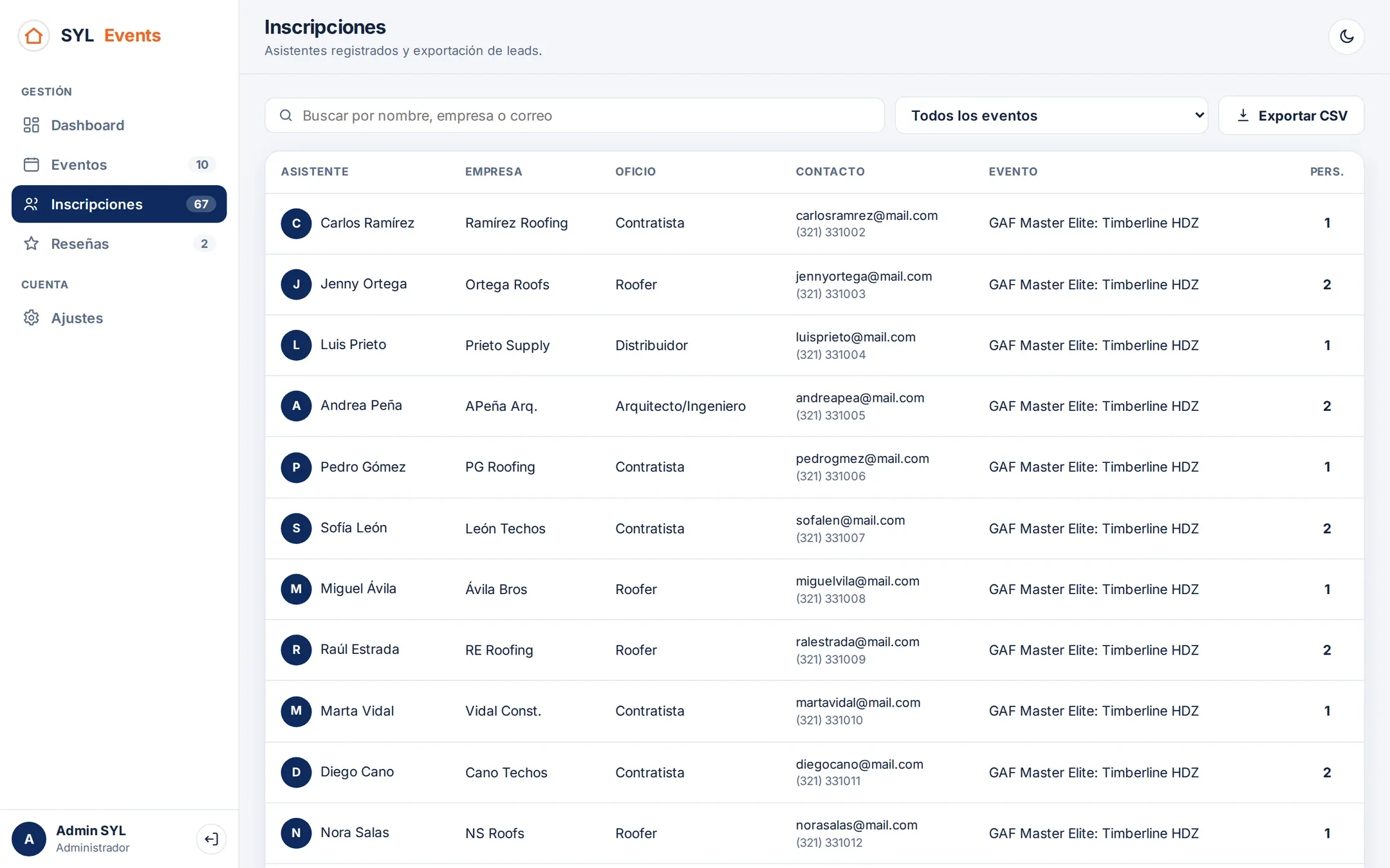 Listado de inscripciones con exportación a CSV