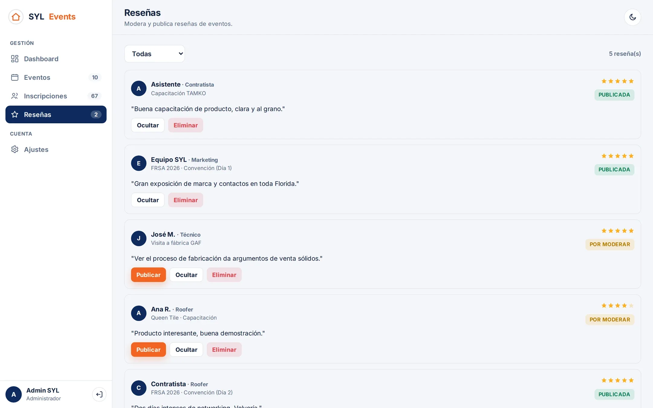 Moderación de reseñas de eventos pasados