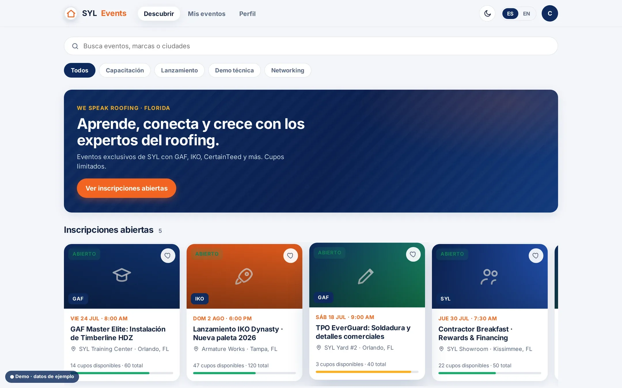 Listado de eventos abiertos con buscador y filtros por categoría