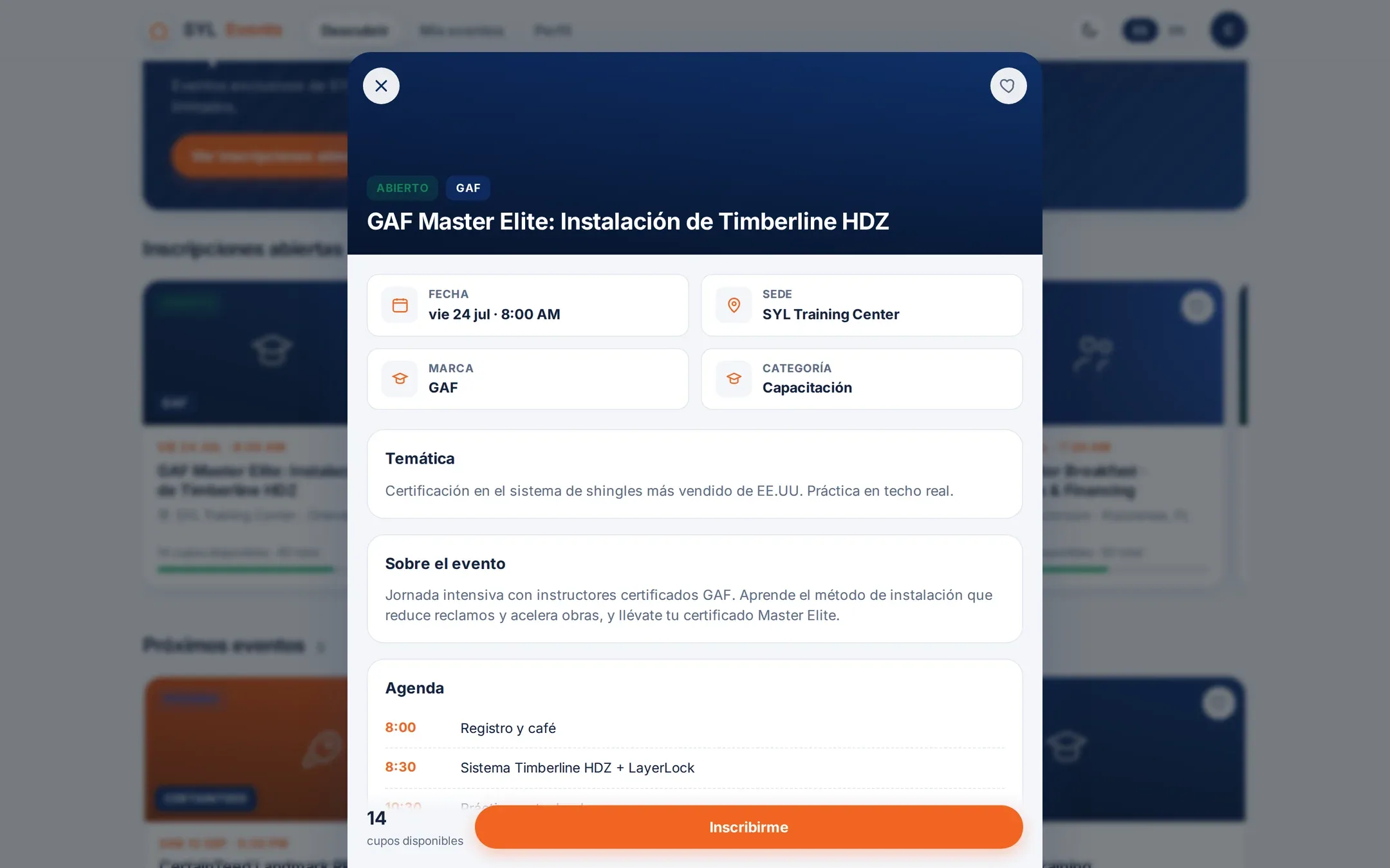 Ficha de un evento con agenda, sede y botón de inscripción