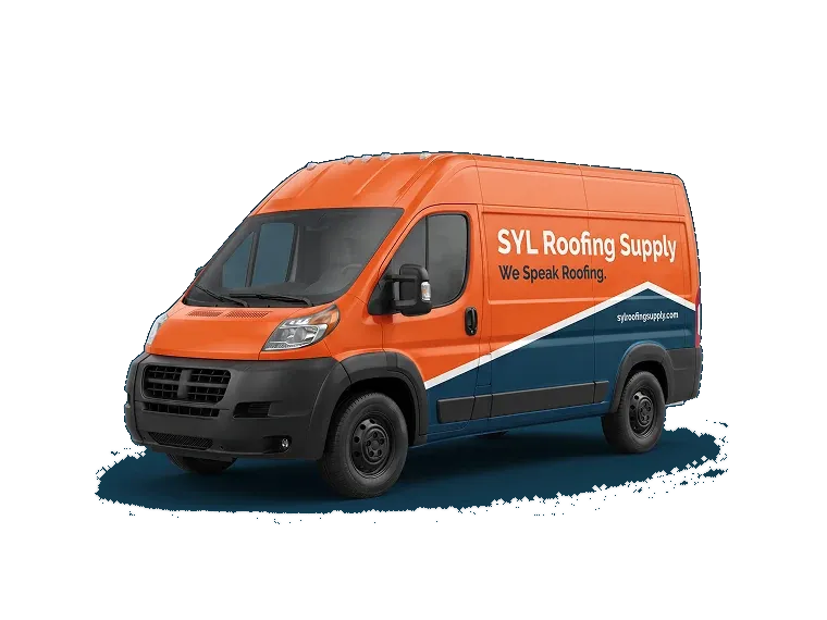 Furgoneta naranja rotulada «SYL Roofing Supply · We Speak Roofing»