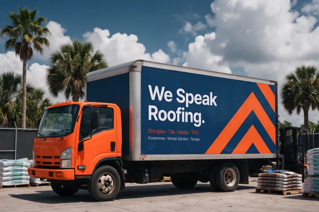 Camión de reparto rotulado con «We Speak Roofing» y las sedes