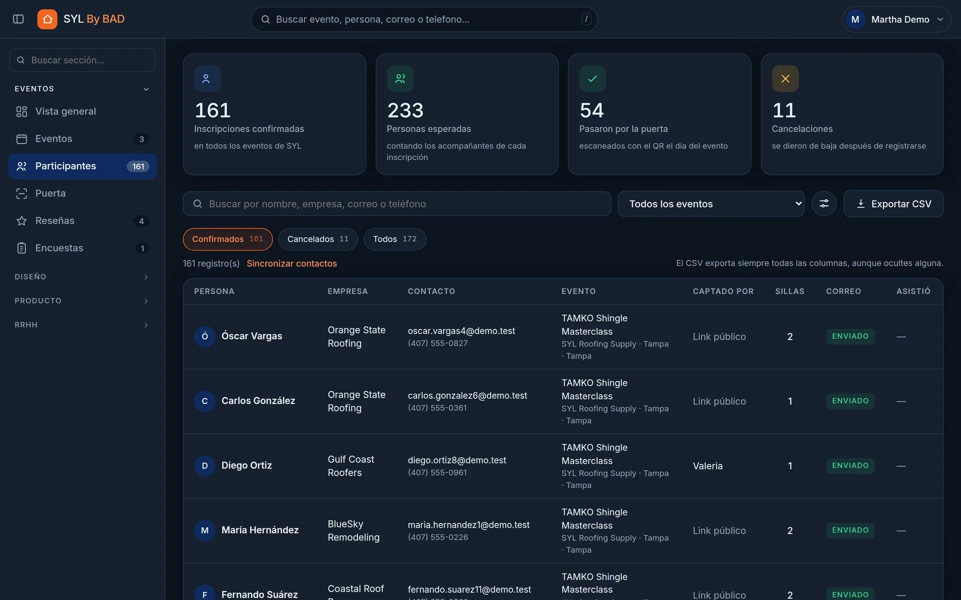 Lista de participantes con evento, vendedor que lo captó y estado del correo (modo oscuro)